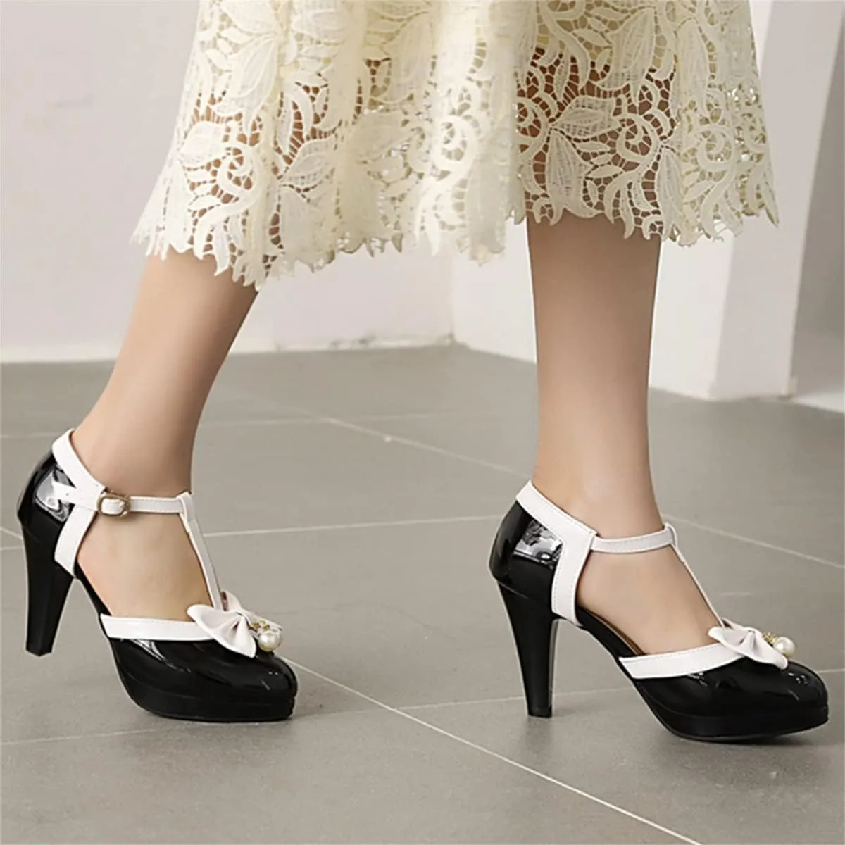 Betastella Women's T-Strap Platform Mary Janes Block Heel Patent Leather Sweet Pumps