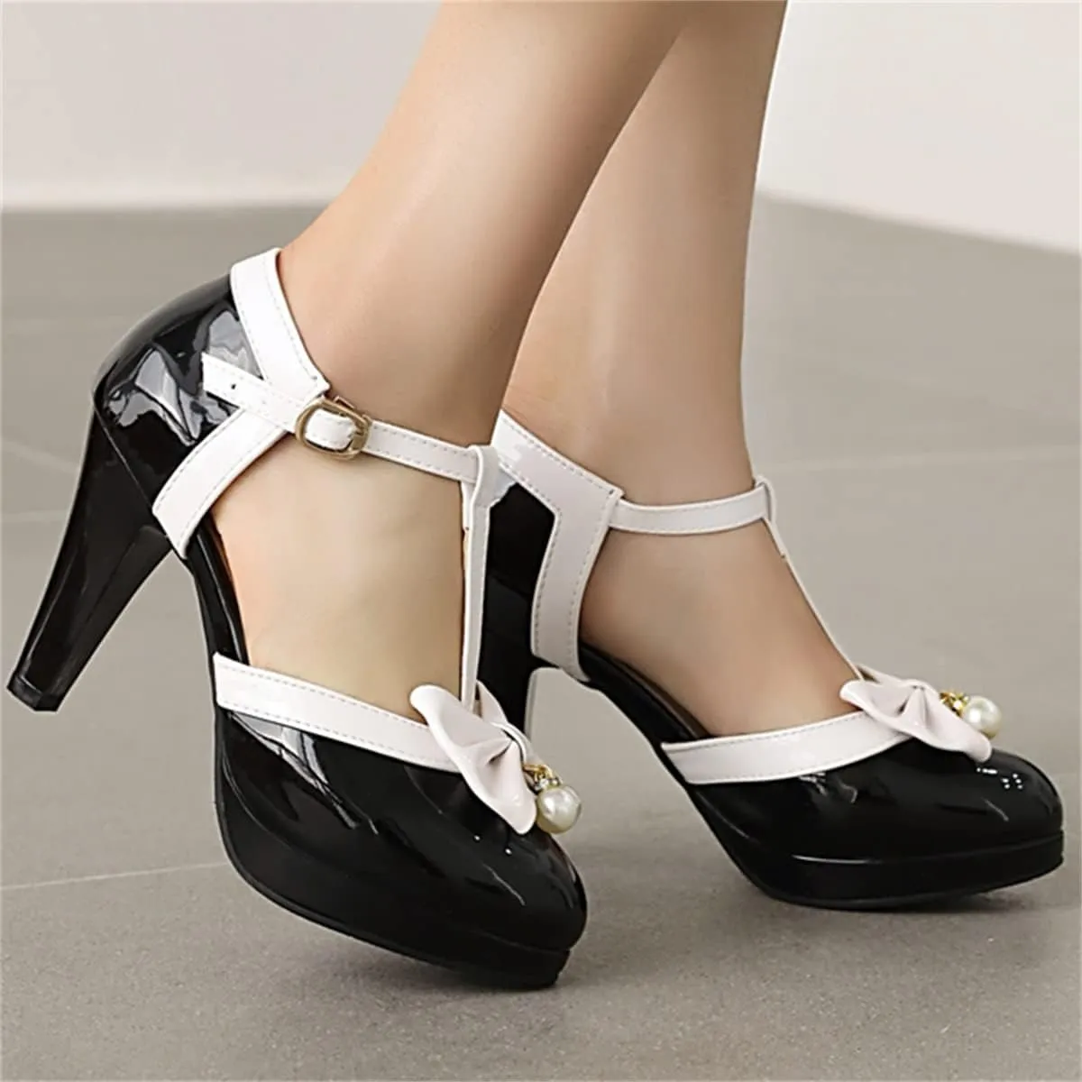 Betastella Women's T-Strap Platform Mary Janes Block Heel Patent Leather Sweet Pumps