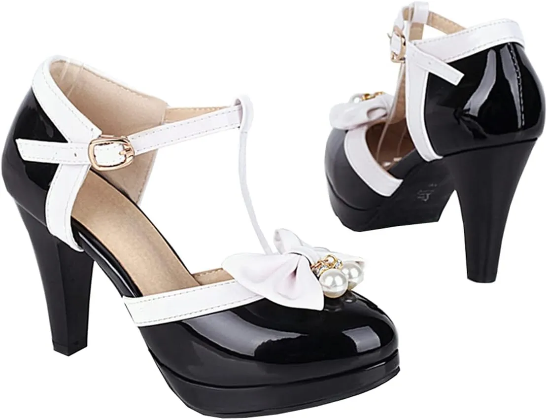 Betastella Women's T-Strap Platform Mary Janes Block Heel Patent Leather Sweet Pumps