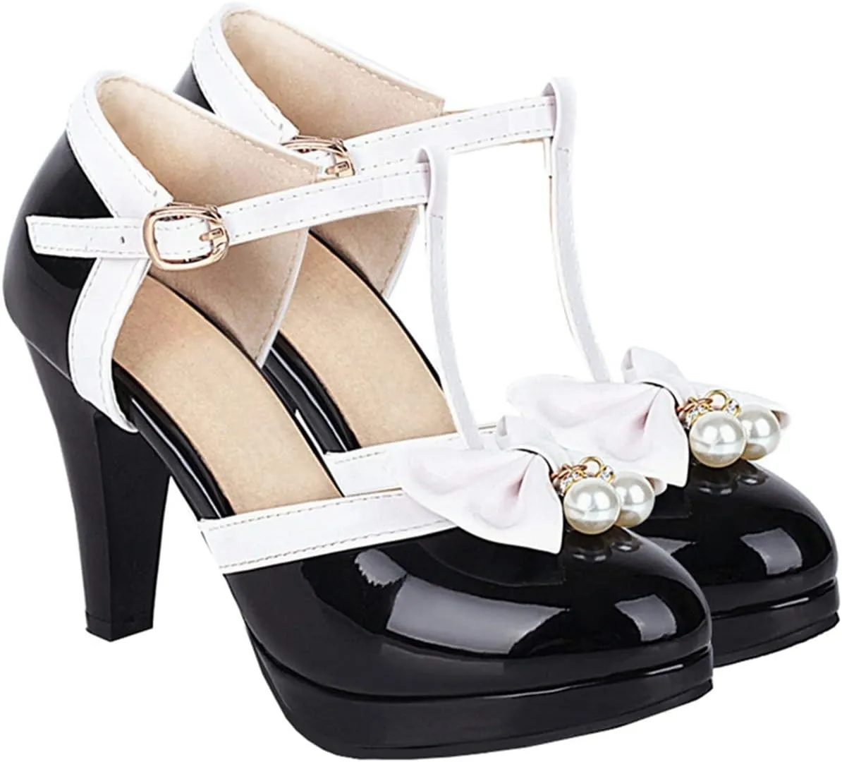 Betastella Women's T-Strap Platform Mary Janes Block Heel Patent Leather Sweet Pumps