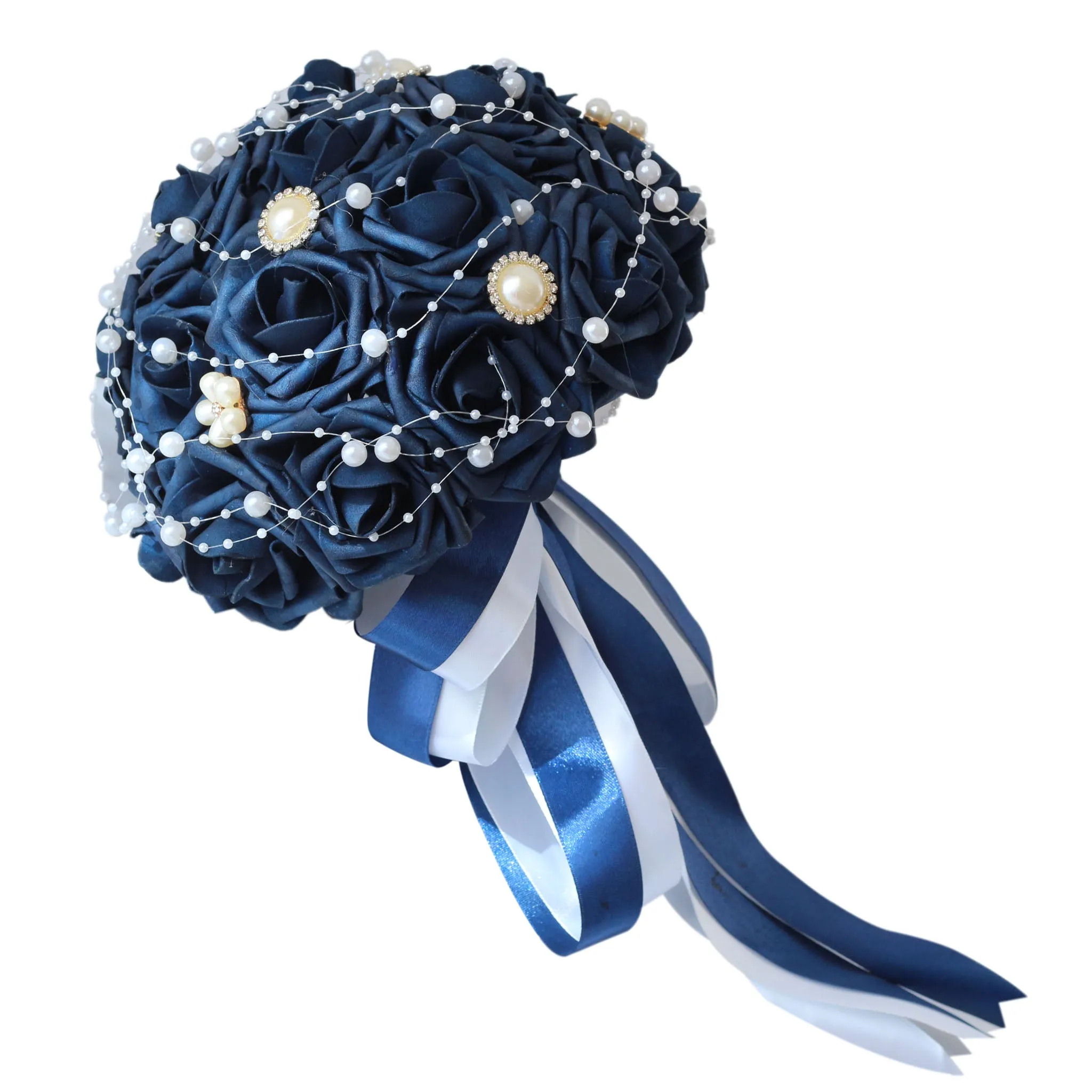 Bridal Bouquet Navy Blue Roses Artificial Wedding Bouquet Pearls