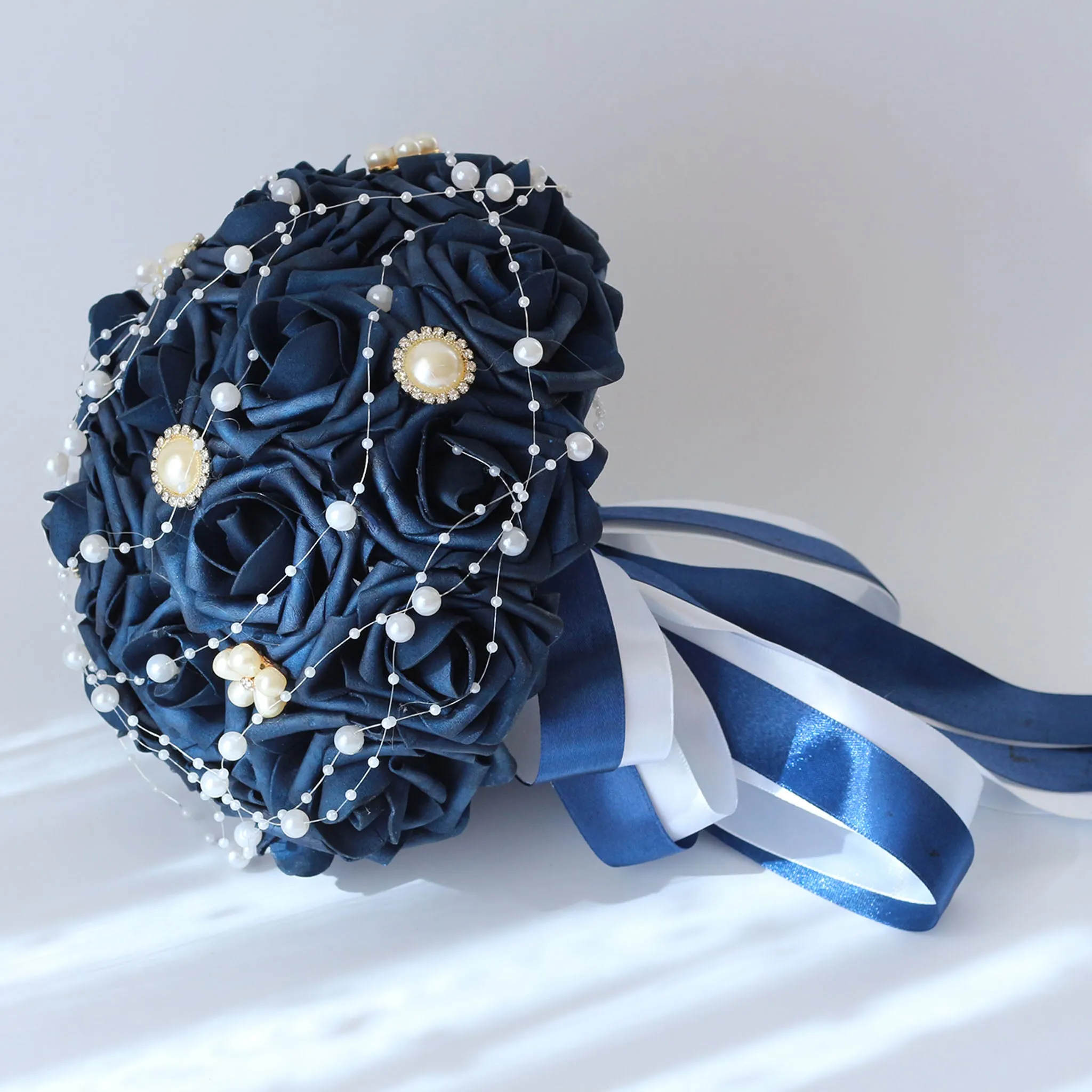 Bridal Bouquet Navy Blue Roses Artificial Wedding Bouquet Pearls