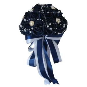 Bridal Bouquet Navy Blue Roses Artificial Wedding Bouquet Pearls