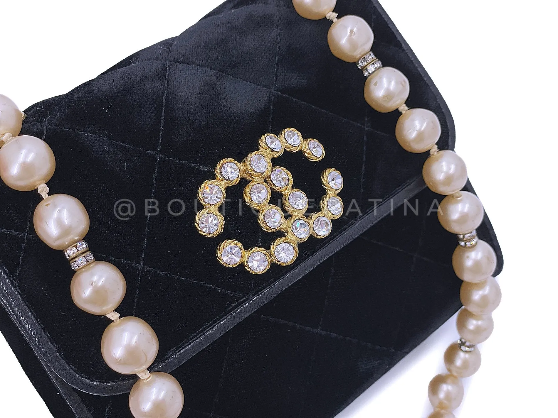 Chanel 1991 Vintage Black Quilted Velvet, Strass and Pearl Evening Bag 24k GHW