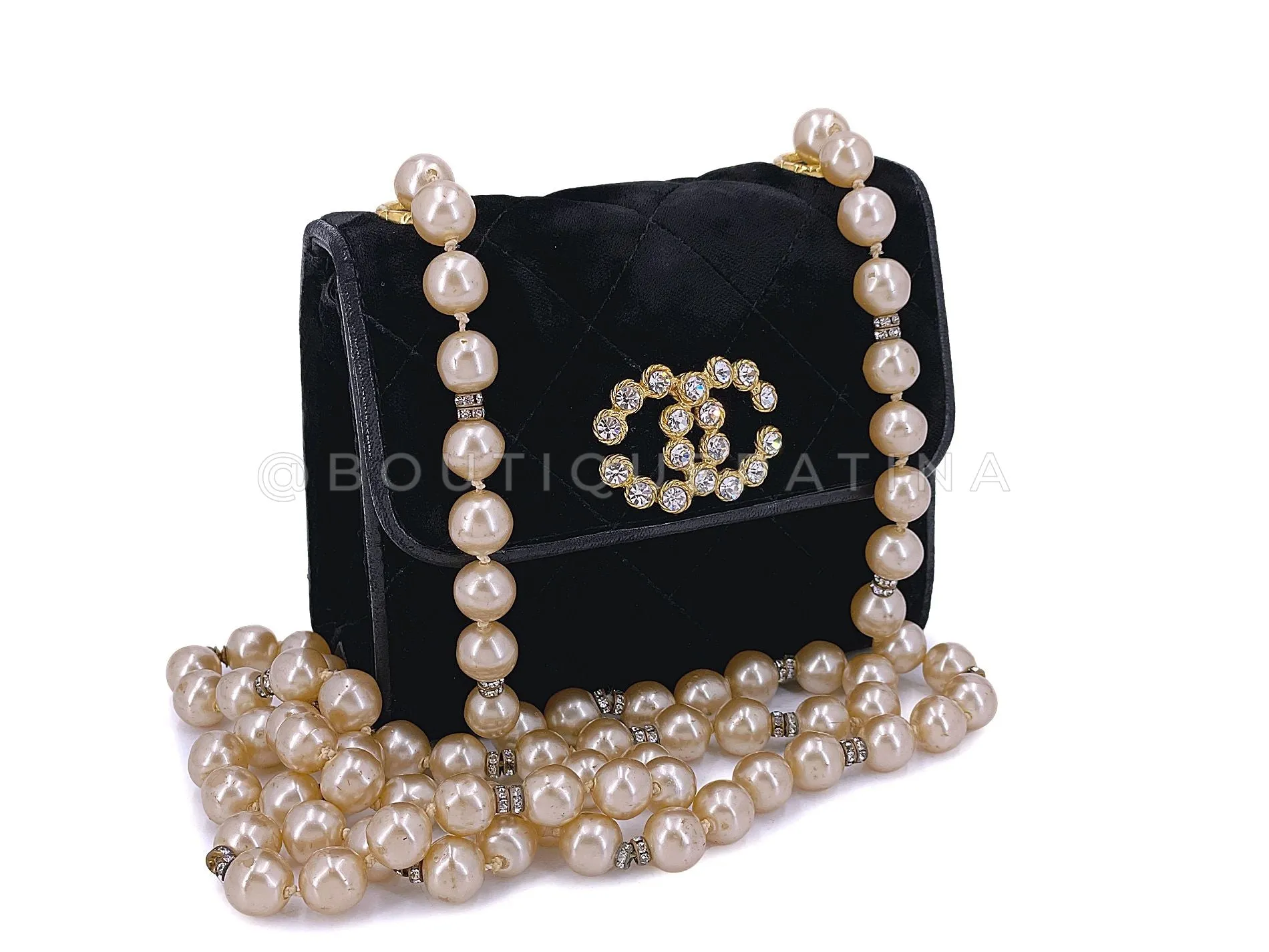 Chanel 1991 Vintage Black Quilted Velvet, Strass and Pearl Evening Bag 24k GHW