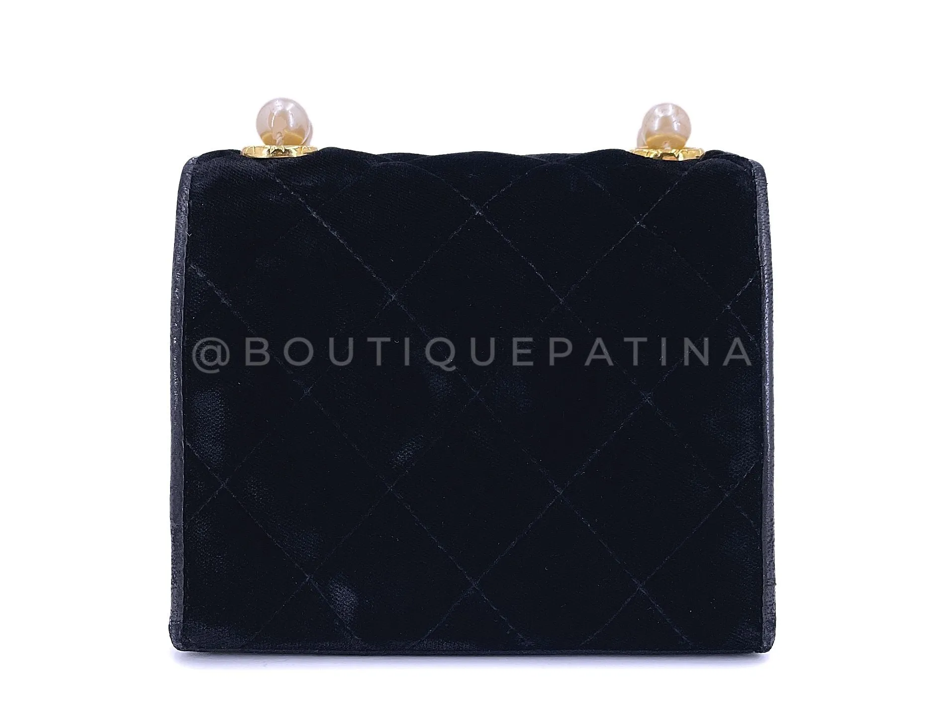 Chanel 1991 Vintage Black Quilted Velvet, Strass and Pearl Evening Bag 24k GHW