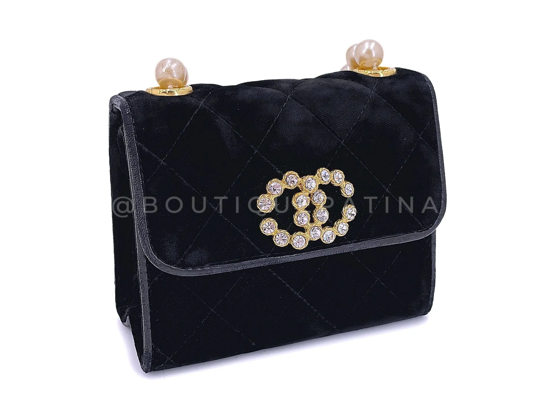 Chanel 1991 Vintage Black Quilted Velvet, Strass and Pearl Evening Bag 24k GHW