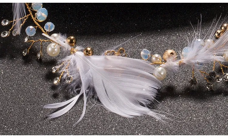 Crystal Feather Golden Beaded Bridal Hair Vine