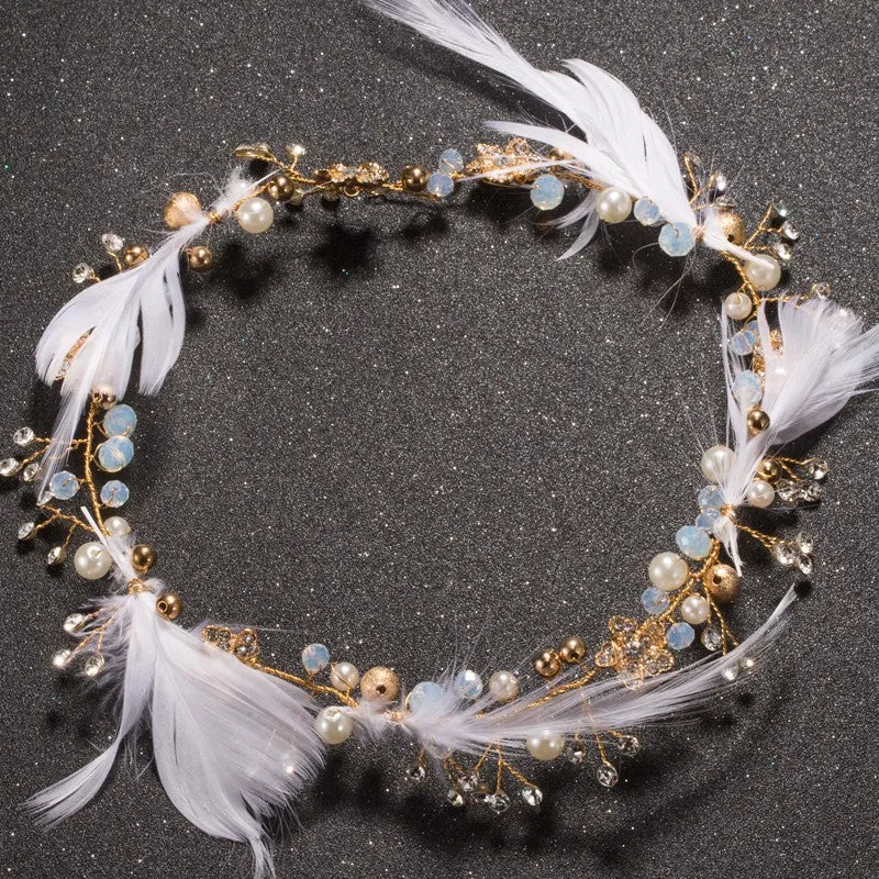 Crystal Feather Golden Beaded Bridal Hair Vine