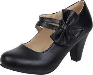 Elbslutt Women's Sweet Chunky Mary Janes Heels Bow Hook Loop Cute High Block Heel Ankle Strap Pumps Dress Shoes