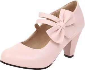 Elbslutt Women's Sweet Chunky Mary Janes Heels Bow Hook Loop Cute High Block Heel Ankle Strap Pumps Dress Shoes