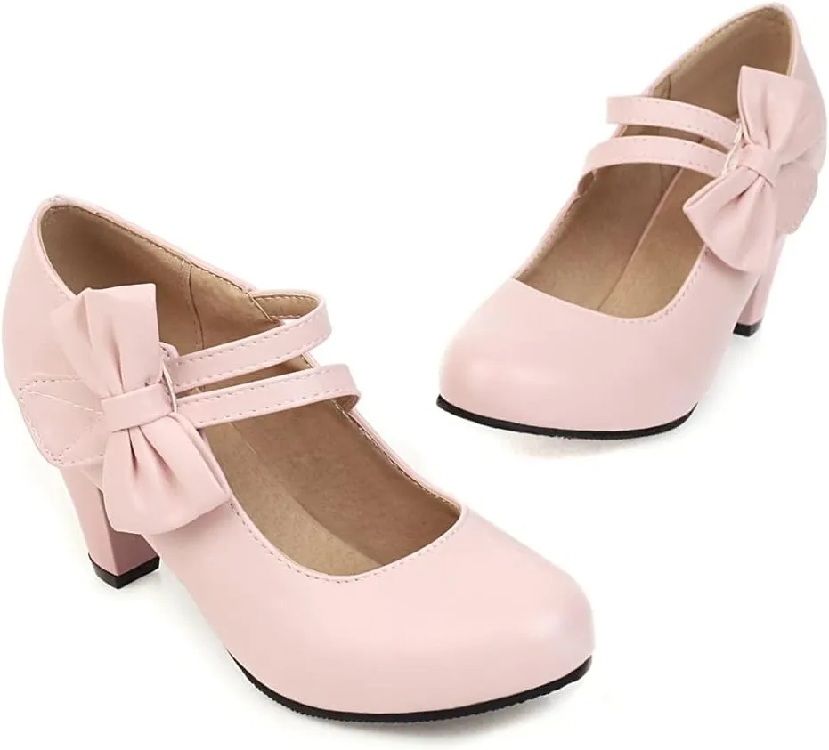 Elbslutt Women's Sweet Chunky Mary Janes Heels Bow Hook Loop Cute High Block Heel Ankle Strap Pumps Dress Shoes