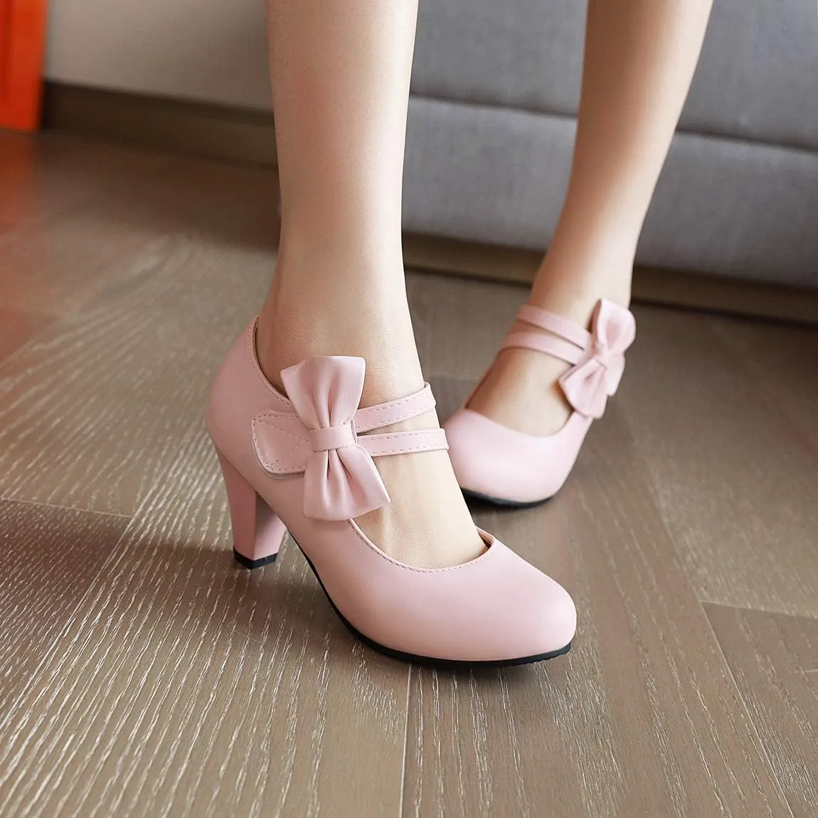 Elbslutt Women's Sweet Chunky Mary Janes Heels Bow Hook Loop Cute High Block Heel Ankle Strap Pumps Dress Shoes