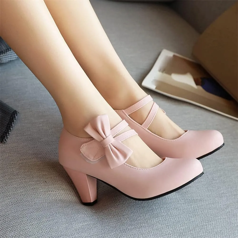 Elbslutt Women's Sweet Chunky Mary Janes Heels Bow Hook Loop Cute High Block Heel Ankle Strap Pumps Dress Shoes