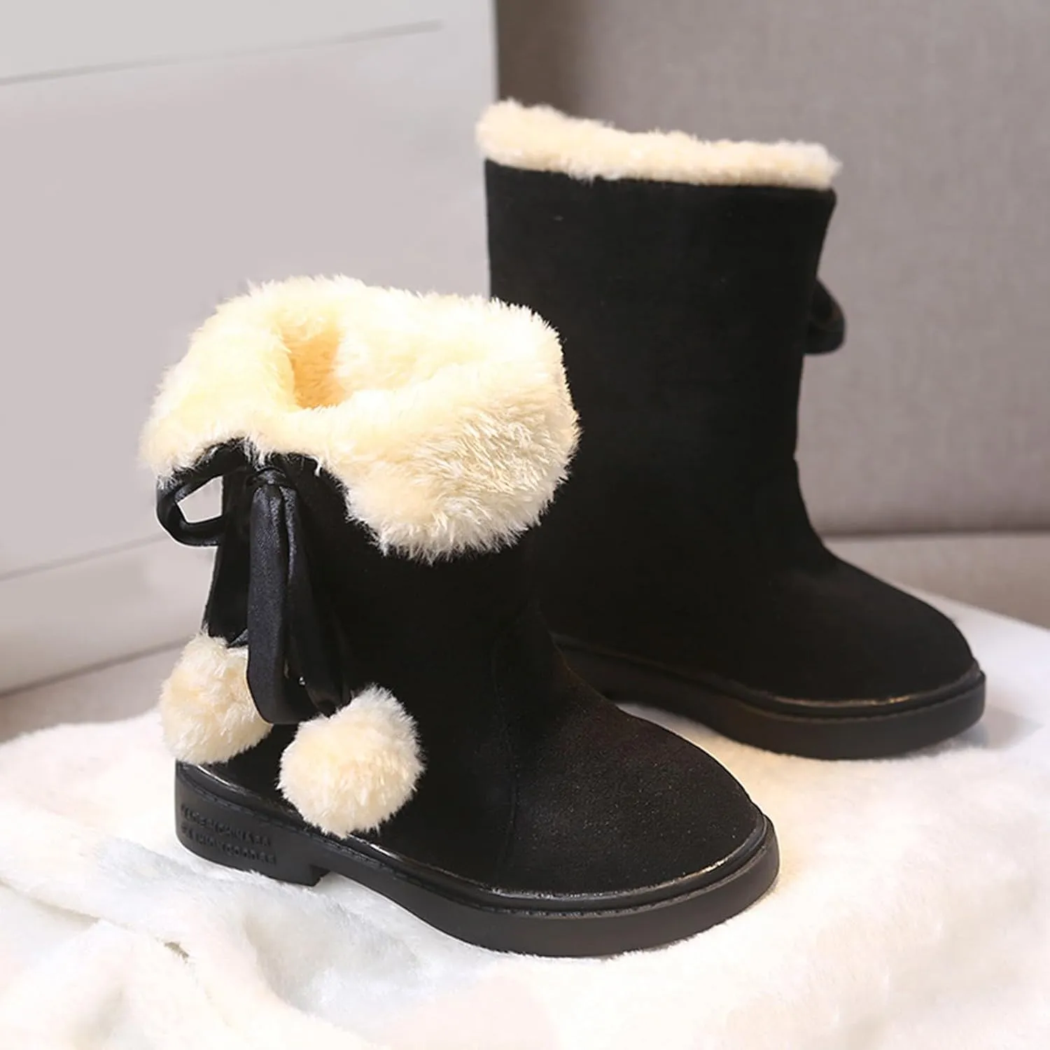 Girls Winter Snow Boots Mid Calf Warm Fur Lined Boot Outdoor Waterproof Slip on Walking Ankle Booties for Little Kid