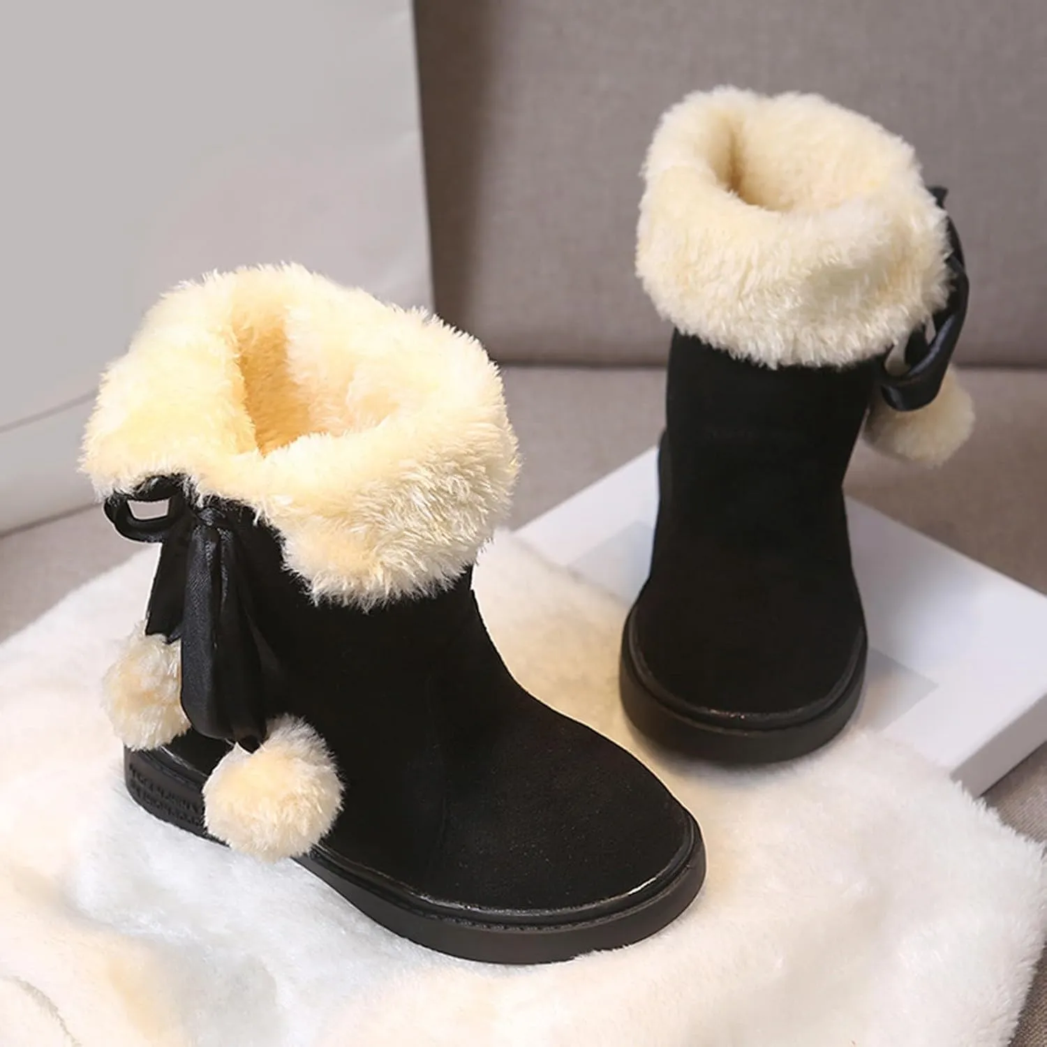 Girls Winter Snow Boots Mid Calf Warm Fur Lined Boot Outdoor Waterproof Slip on Walking Ankle Booties for Little Kid