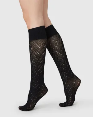Ina Pointelle Knee-High Socks Black
