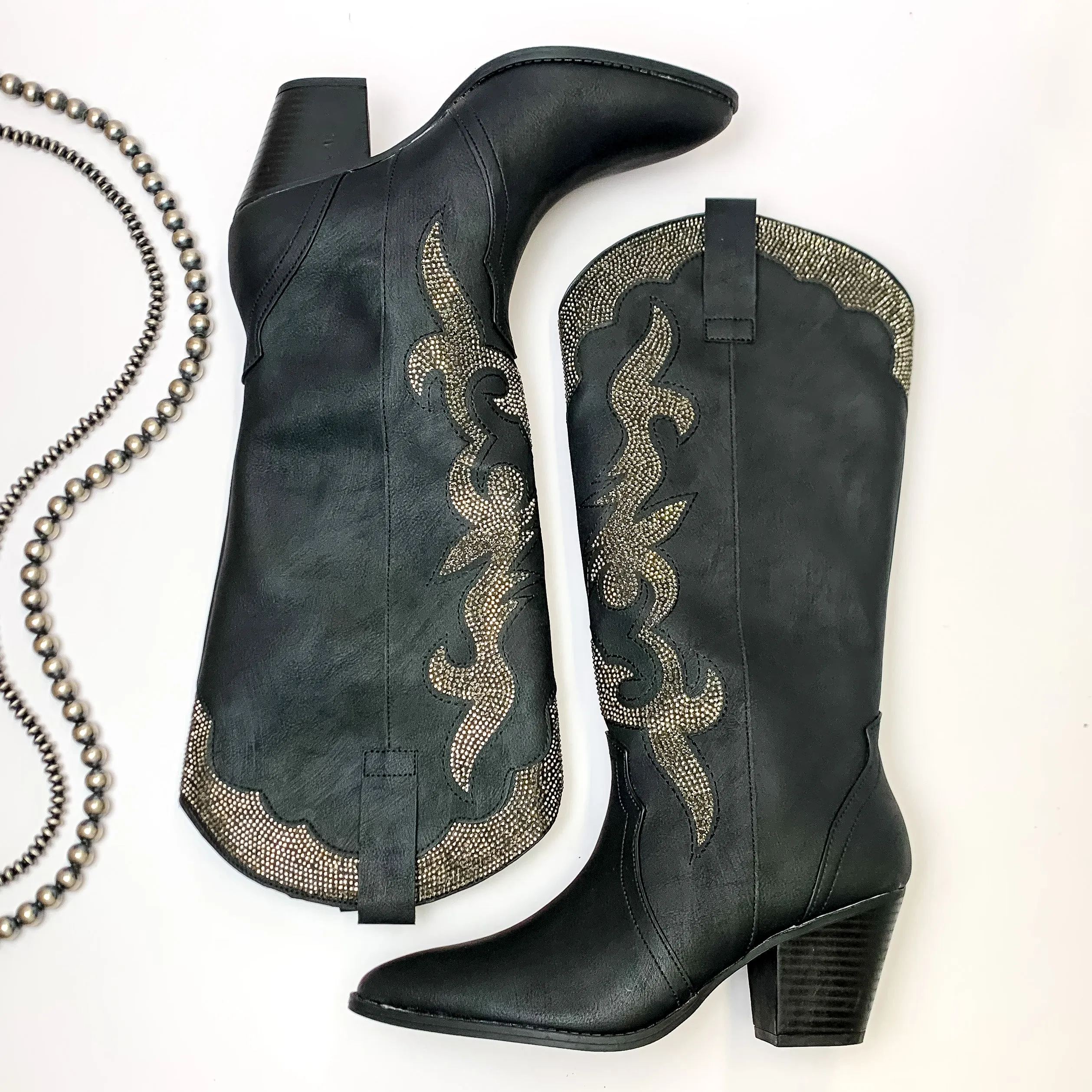Lonestar Beauty Western Stitch Boots with Charcoal Crystal Embellishment in Black