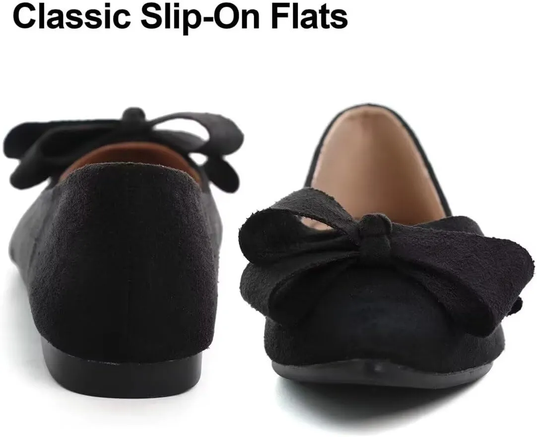 LUXINYU Women Fashion Bow Suede Shoes Pointed Toe Slip on Low Heel Ballet Flats Lightweight Walking Flats Driving Shoes