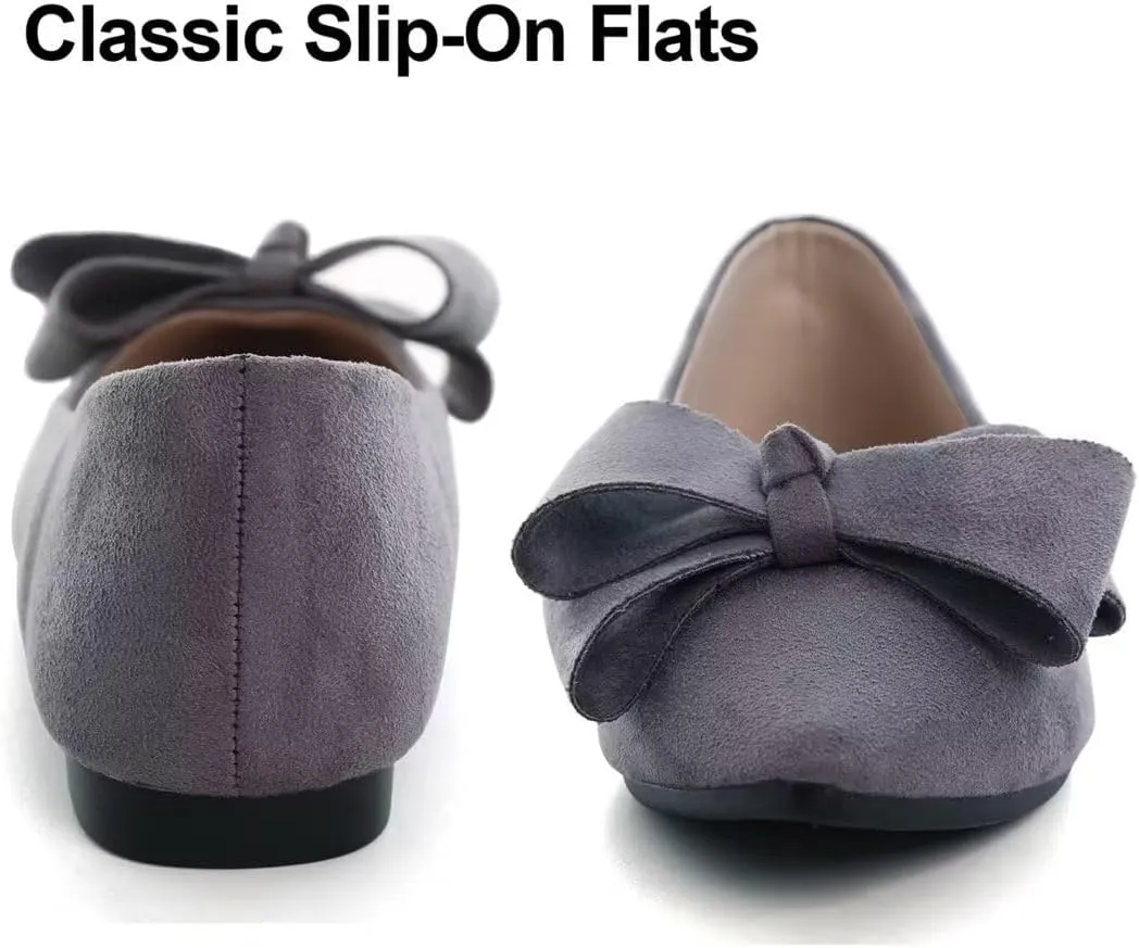 LUXINYU Women Fashion Bow Suede Shoes Pointed Toe Slip on Low Heel Ballet Flats Lightweight Walking Flats Driving Shoes