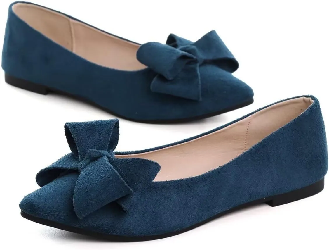 LUXINYU Women Fashion Bow Suede Shoes Pointed Toe Slip on Low Heel Ballet Flats Lightweight Walking Flats Driving Shoes