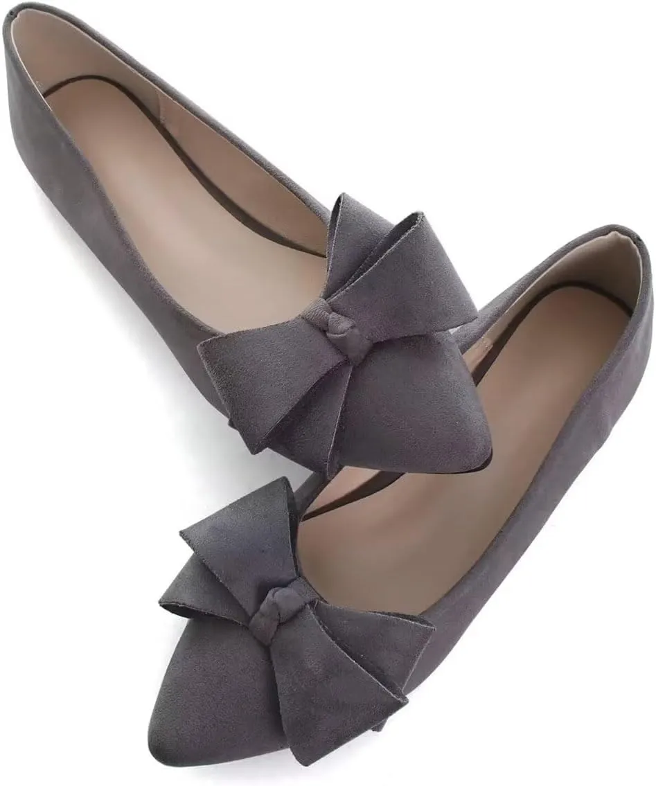 LUXINYU Women Fashion Bow Suede Shoes Pointed Toe Slip on Low Heel Ballet Flats Lightweight Walking Flats Driving Shoes