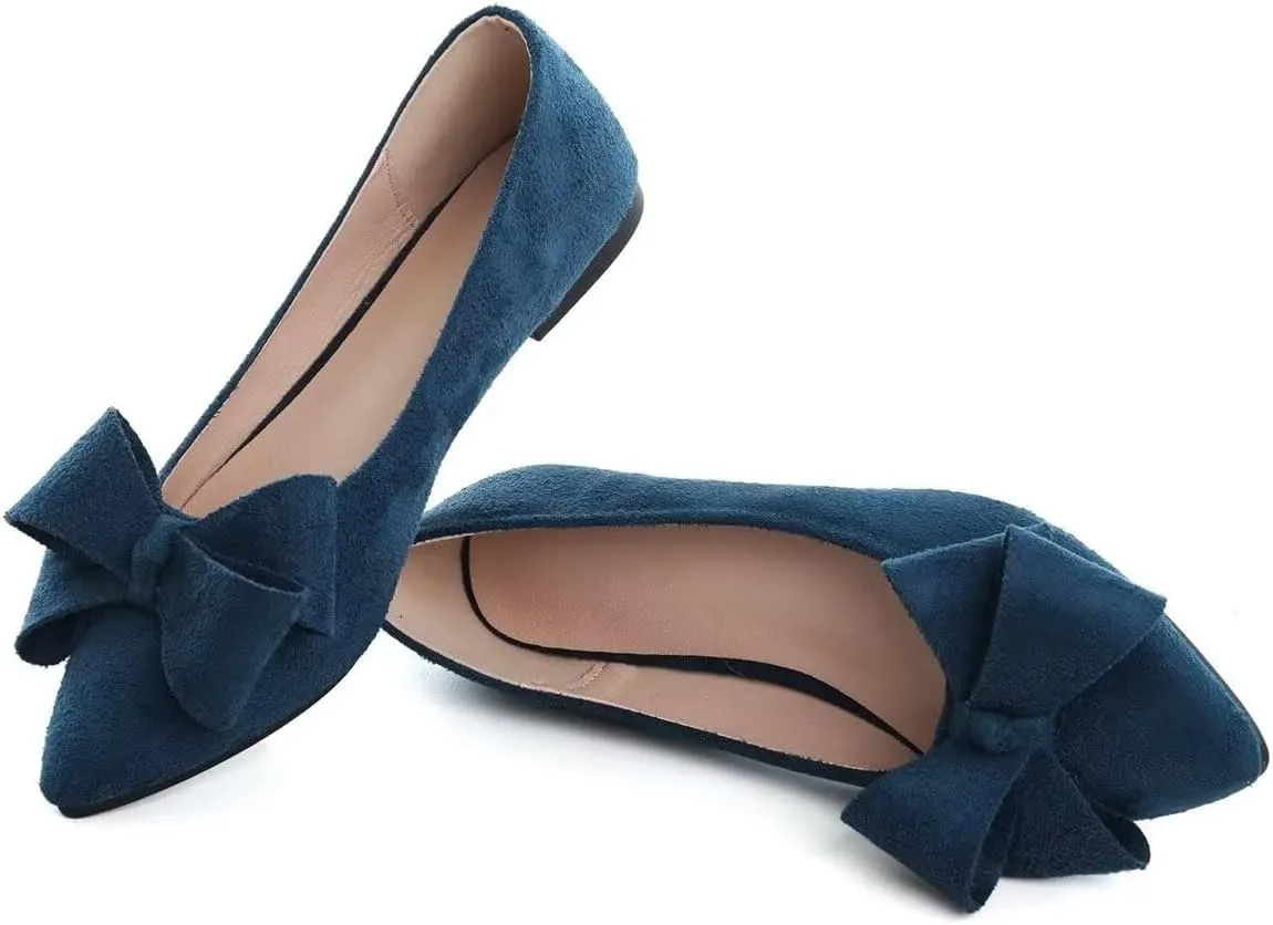 LUXINYU Women Fashion Bow Suede Shoes Pointed Toe Slip on Low Heel Ballet Flats Lightweight Walking Flats Driving Shoes