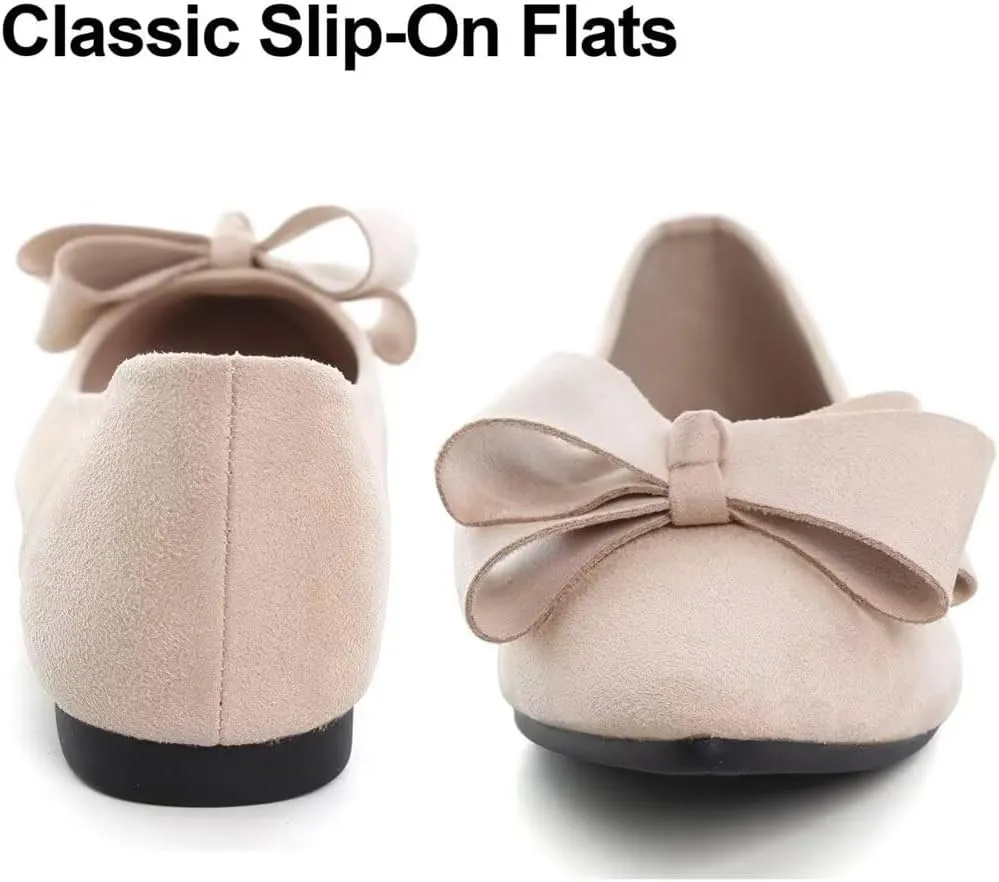 LUXINYU Women Fashion Bow Suede Shoes Pointed Toe Slip on Low Heel Ballet Flats Lightweight Walking Flats Driving Shoes