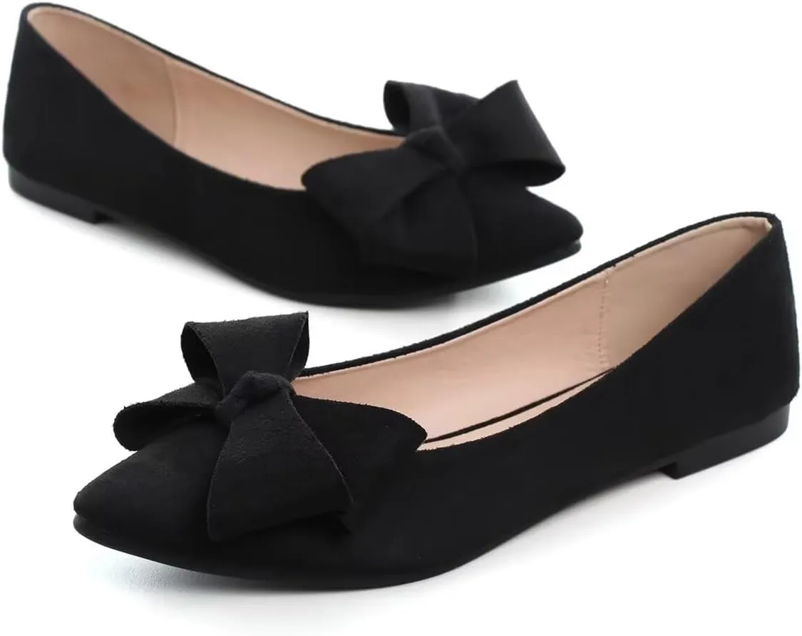 LUXINYU Women Fashion Bow Suede Shoes Pointed Toe Slip on Low Heel Ballet Flats Lightweight Walking Flats Driving Shoes