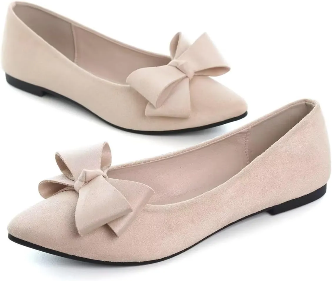 LUXINYU Women Fashion Bow Suede Shoes Pointed Toe Slip on Low Heel Ballet Flats Lightweight Walking Flats Driving Shoes