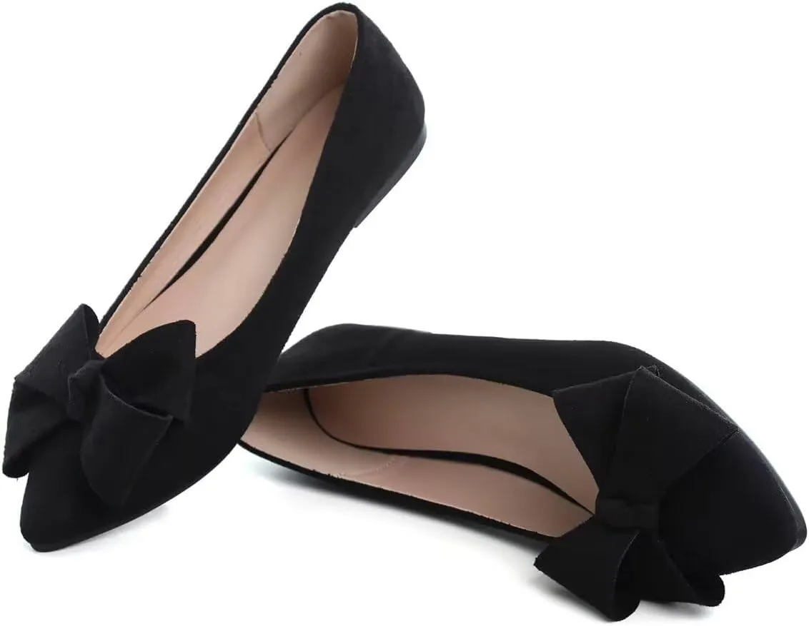 LUXINYU Women Fashion Bow Suede Shoes Pointed Toe Slip on Low Heel Ballet Flats Lightweight Walking Flats Driving Shoes