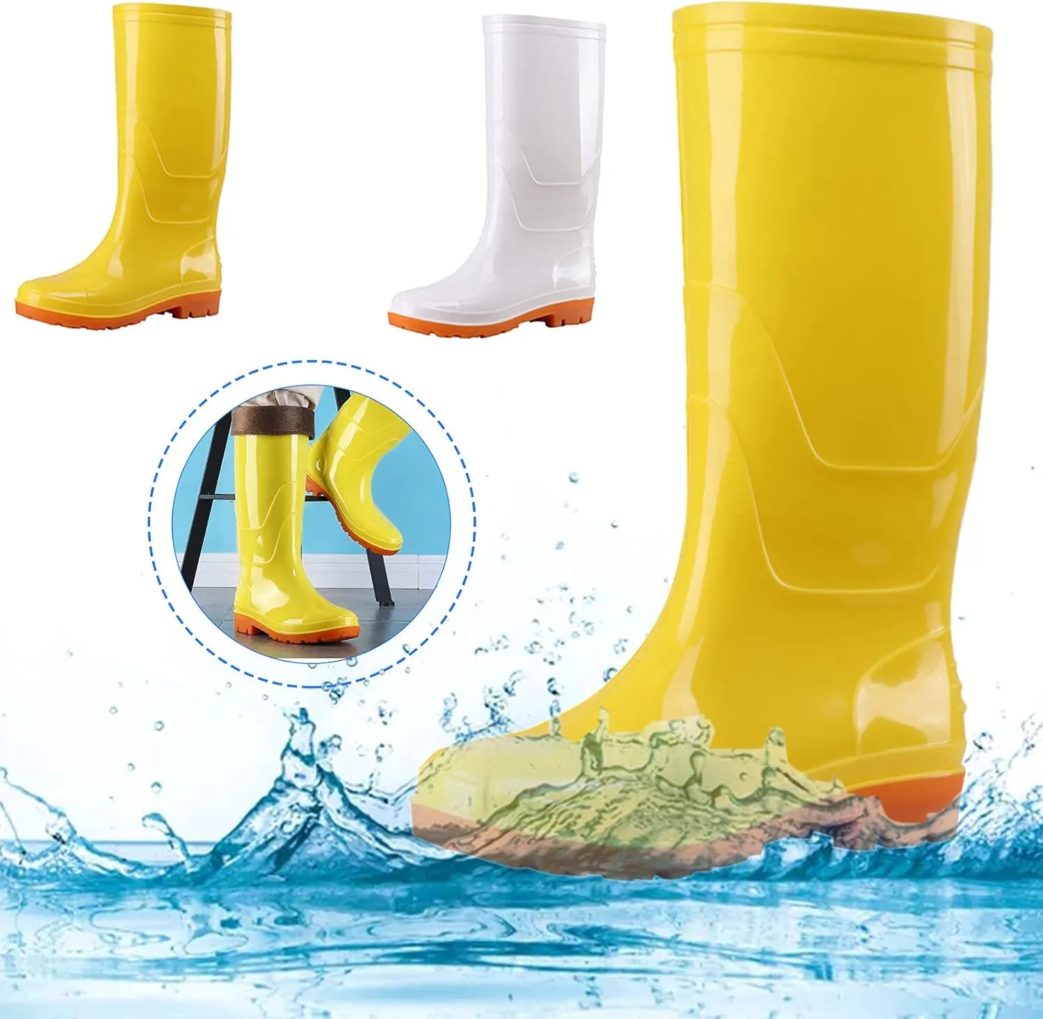Rain Boots for Women Waterproof, Women's Tall Rain Boots Wide Calf Waterproof Lightweight Garden Shoes Comfortable Anti-Slipping Rubber Shoes