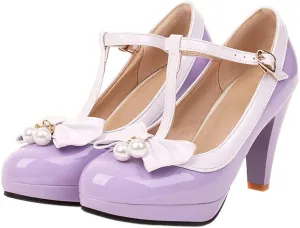 SHEMEE Women's T-Strap Buckle Patent Leather Mary Jane Pumps Chunky High Heel Platform Round Toe Cute Bow Kawaii Cosplay Shoes