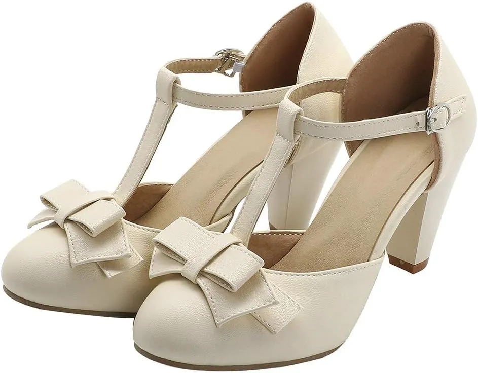 Shinelly Women Rockabilly Sweet T-Strap Cone Heel Mary Janes Adorable Round Toe Pumps with Bows