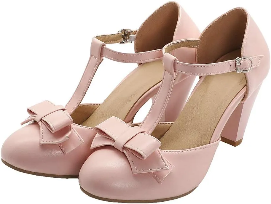 Shinelly Women Rockabilly Sweet T-Strap Cone Heel Mary Janes Adorable Round Toe Pumps with Bows