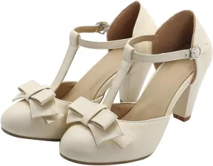 Shinelly Women Rockabilly Sweet T-Strap Cone Heel Mary Janes Adorable Round Toe Pumps with Bows