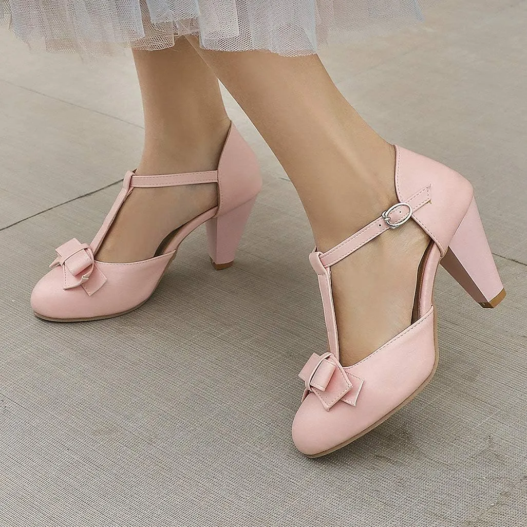 Shinelly Women Rockabilly Sweet T-Strap Cone Heel Mary Janes Adorable Round Toe Pumps with Bows