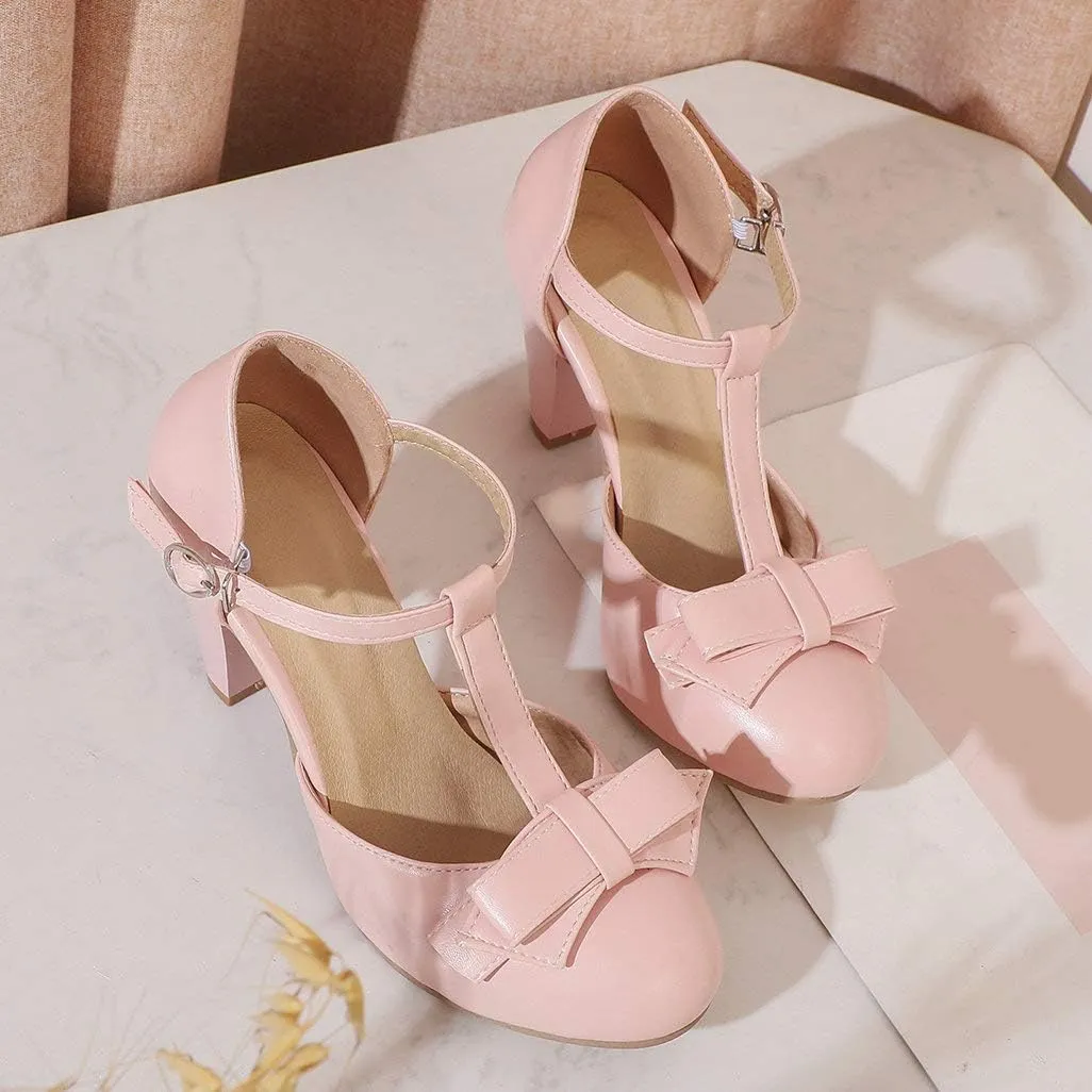 Shinelly Women Rockabilly Sweet T-Strap Cone Heel Mary Janes Adorable Round Toe Pumps with Bows