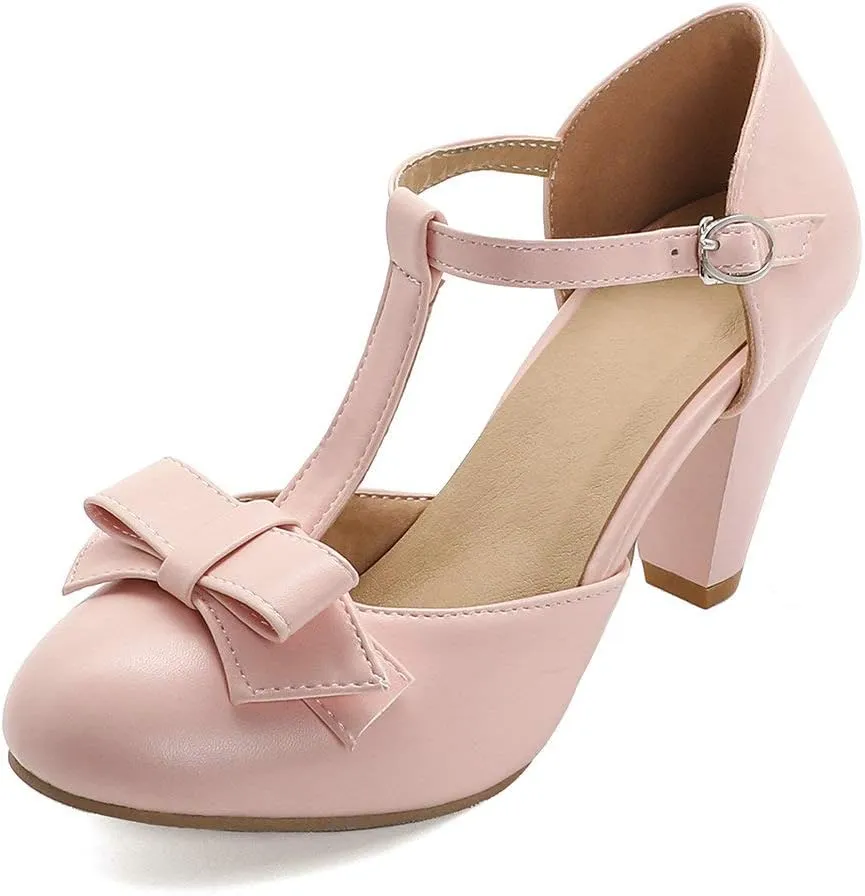 Shinelly Women Rockabilly Sweet T-Strap Cone Heel Mary Janes Adorable Round Toe Pumps with Bows
