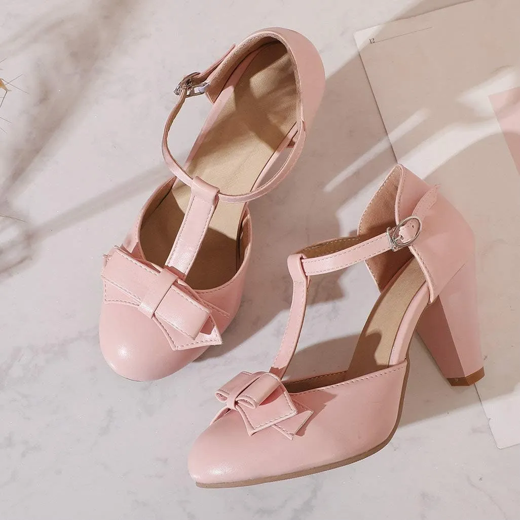 Shinelly Women Rockabilly Sweet T-Strap Cone Heel Mary Janes Adorable Round Toe Pumps with Bows