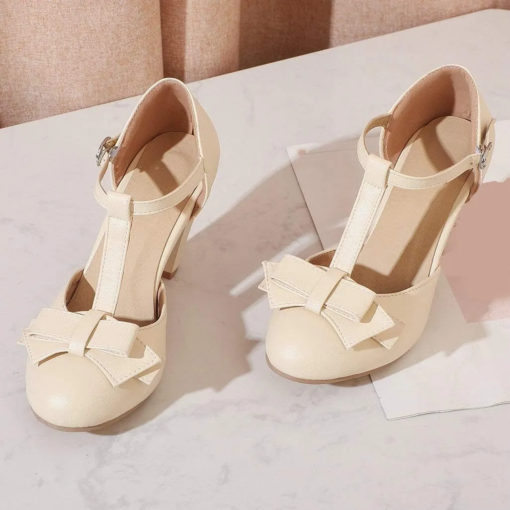 Shinelly Women Rockabilly Sweet T-Strap Cone Heel Mary Janes Adorable Round Toe Pumps with Bows