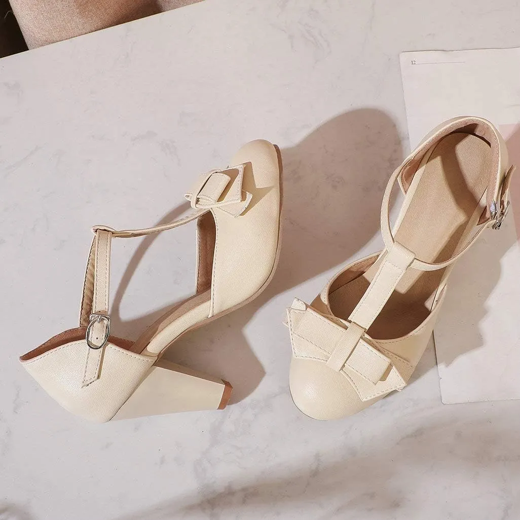 Shinelly Women Rockabilly Sweet T-Strap Cone Heel Mary Janes Adorable Round Toe Pumps with Bows