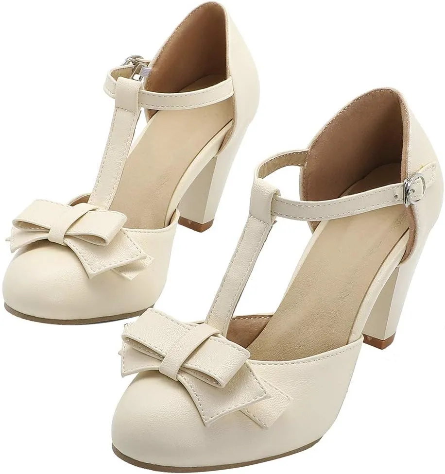 Shinelly Women Rockabilly Sweet T-Strap Cone Heel Mary Janes Adorable Round Toe Pumps with Bows