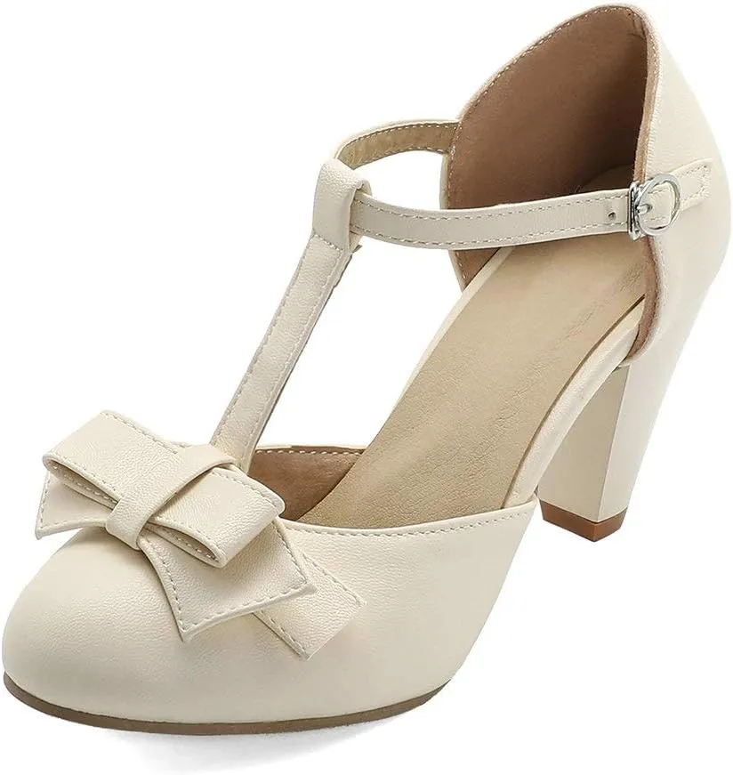Shinelly Women Rockabilly Sweet T-Strap Cone Heel Mary Janes Adorable Round Toe Pumps with Bows