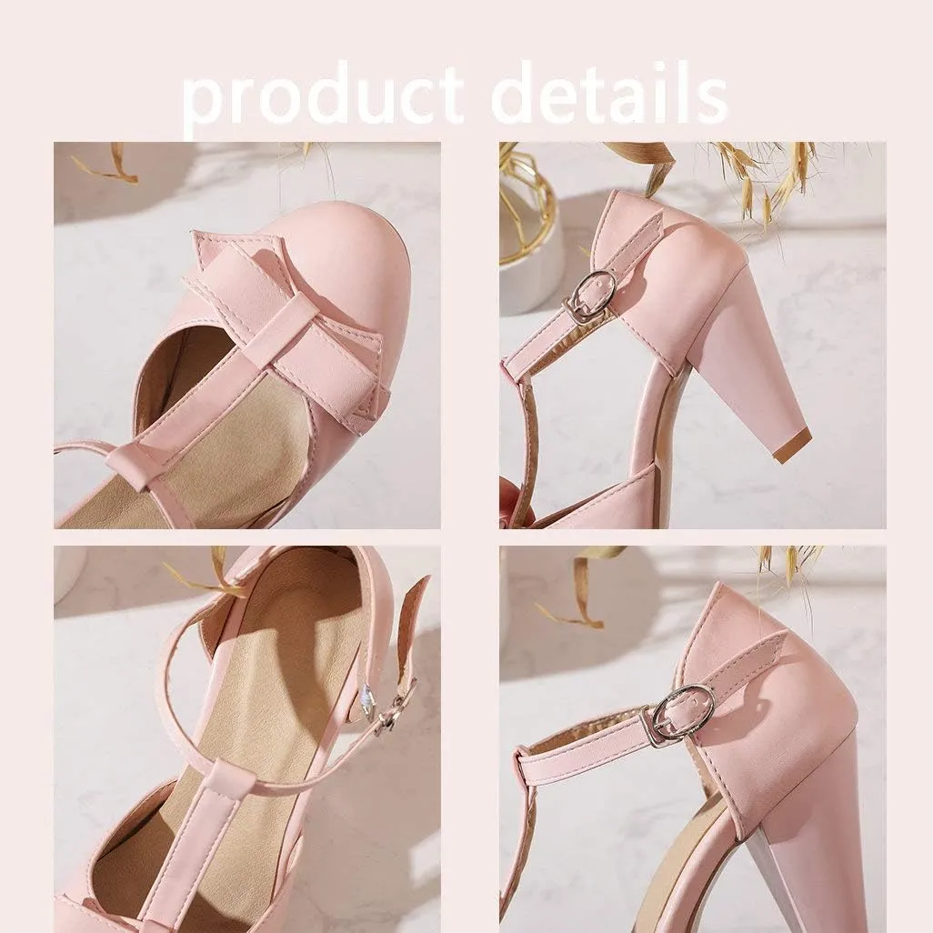 Shinelly Women Rockabilly Sweet T-Strap Cone Heel Mary Janes Adorable Round Toe Pumps with Bows