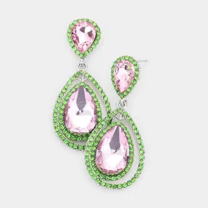 Teardrop Clear Pink & Green Dangle Silver Evening Earrings