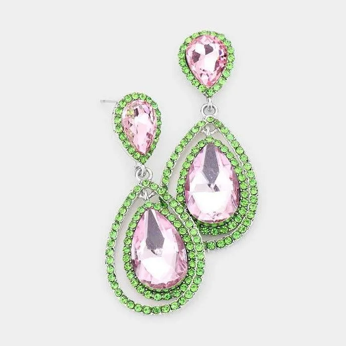 Teardrop Clear Pink & Green Dangle Silver Evening Earrings