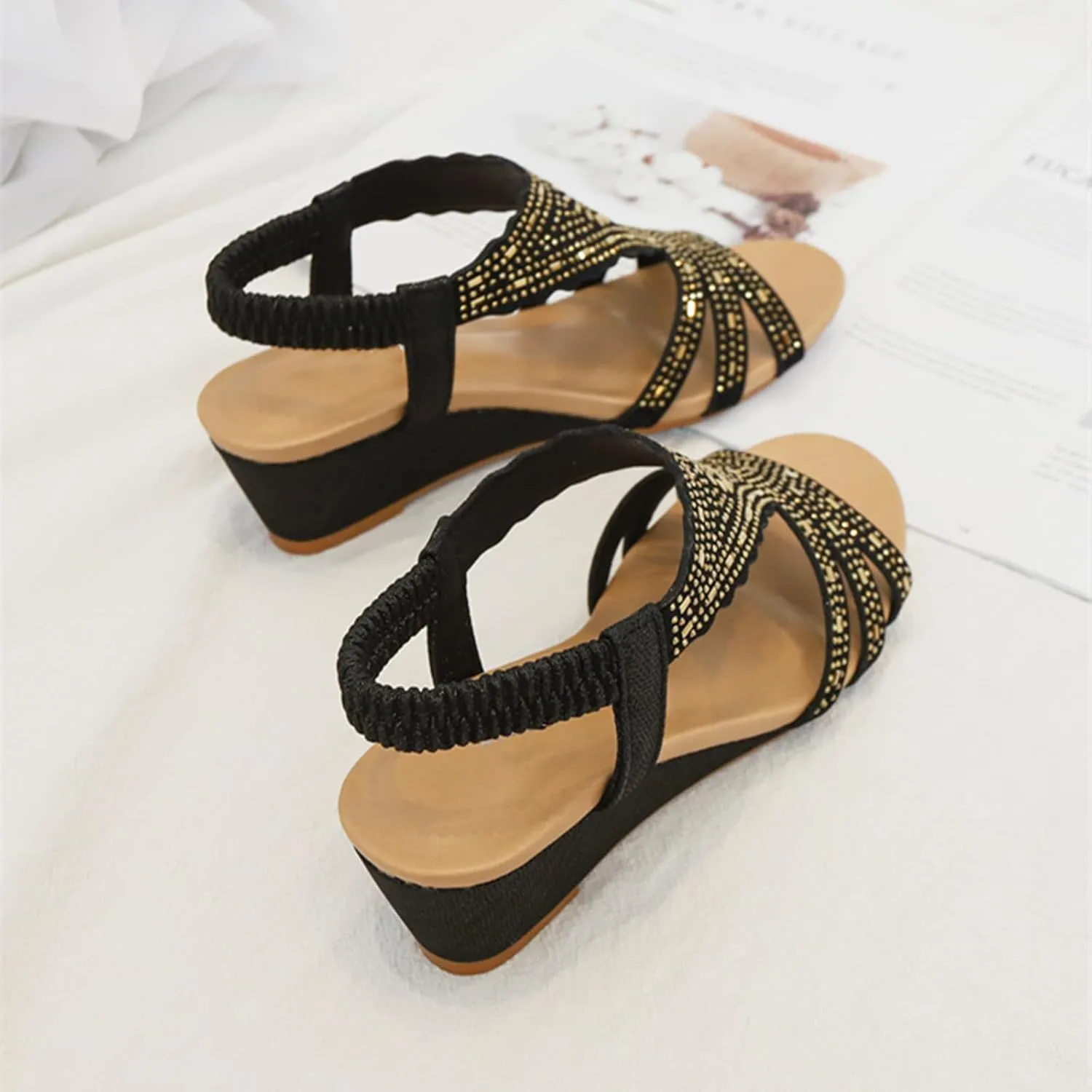 Wedge Sandals for Women Dressy Bohemian Rhinestone Sandals Comfortable Open Toe Elastic Ankle Strap Sandal Summer Beach Shoes