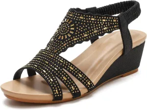 Wedge Sandals for Women Dressy Bohemian Rhinestone Sandals Comfortable Open Toe Elastic Ankle Strap Sandal Summer Beach Shoes