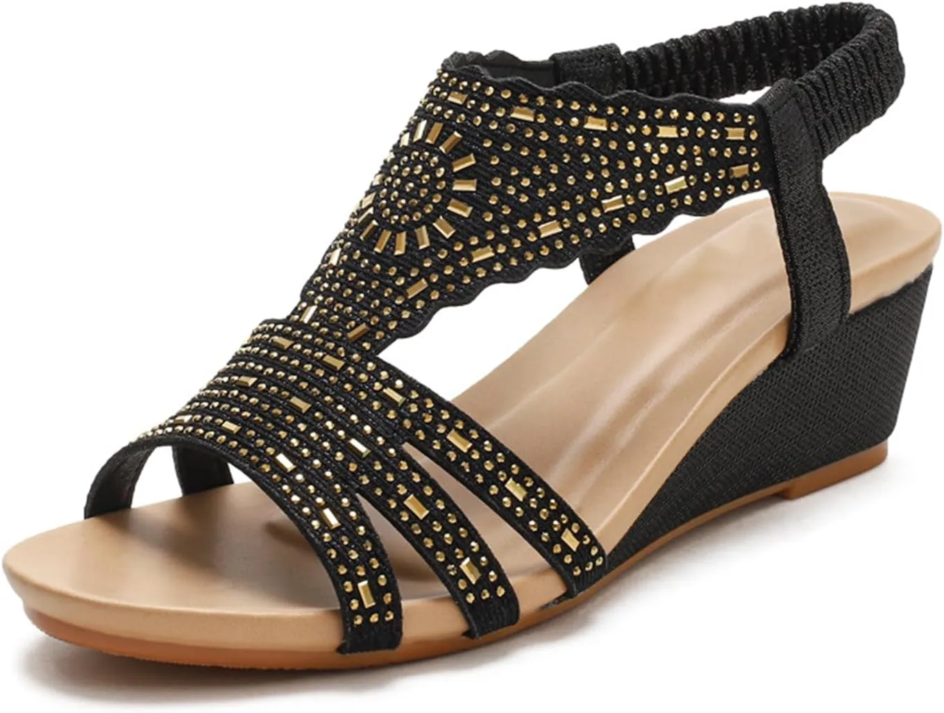 Wedge Sandals for Women Dressy Bohemian Rhinestone Sandals Comfortable Open Toe Elastic Ankle Strap Sandal Summer Beach Shoes